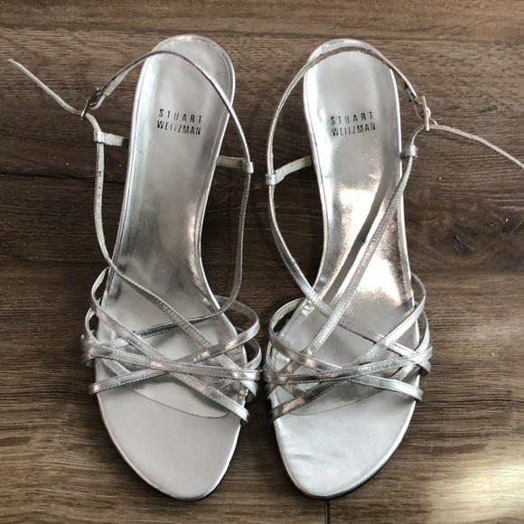 NWOT! - STUART WEITZMAN Silver Strappy Heels - Picture 2 of 13